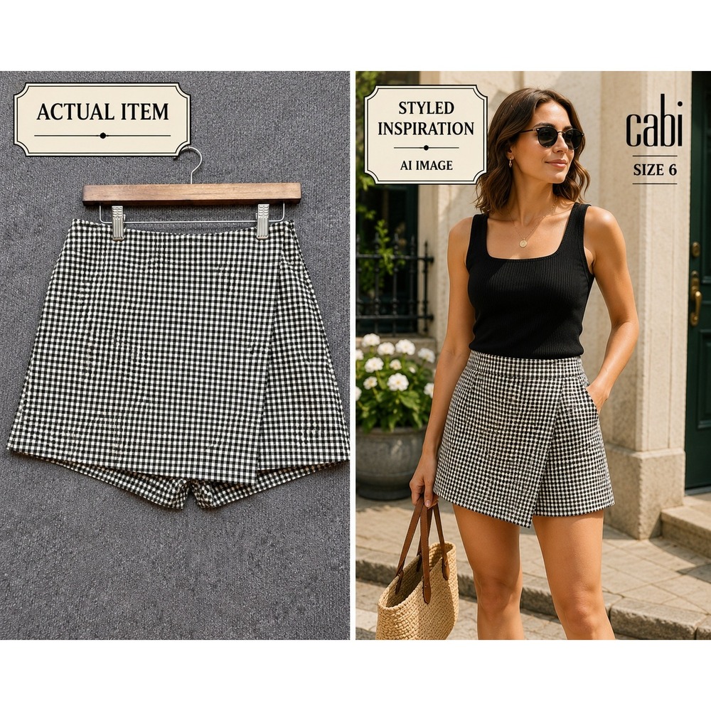 Cabi Gingham Wrap Skort Womens Side Zip Plaid Black White 6 Excellent Preppy